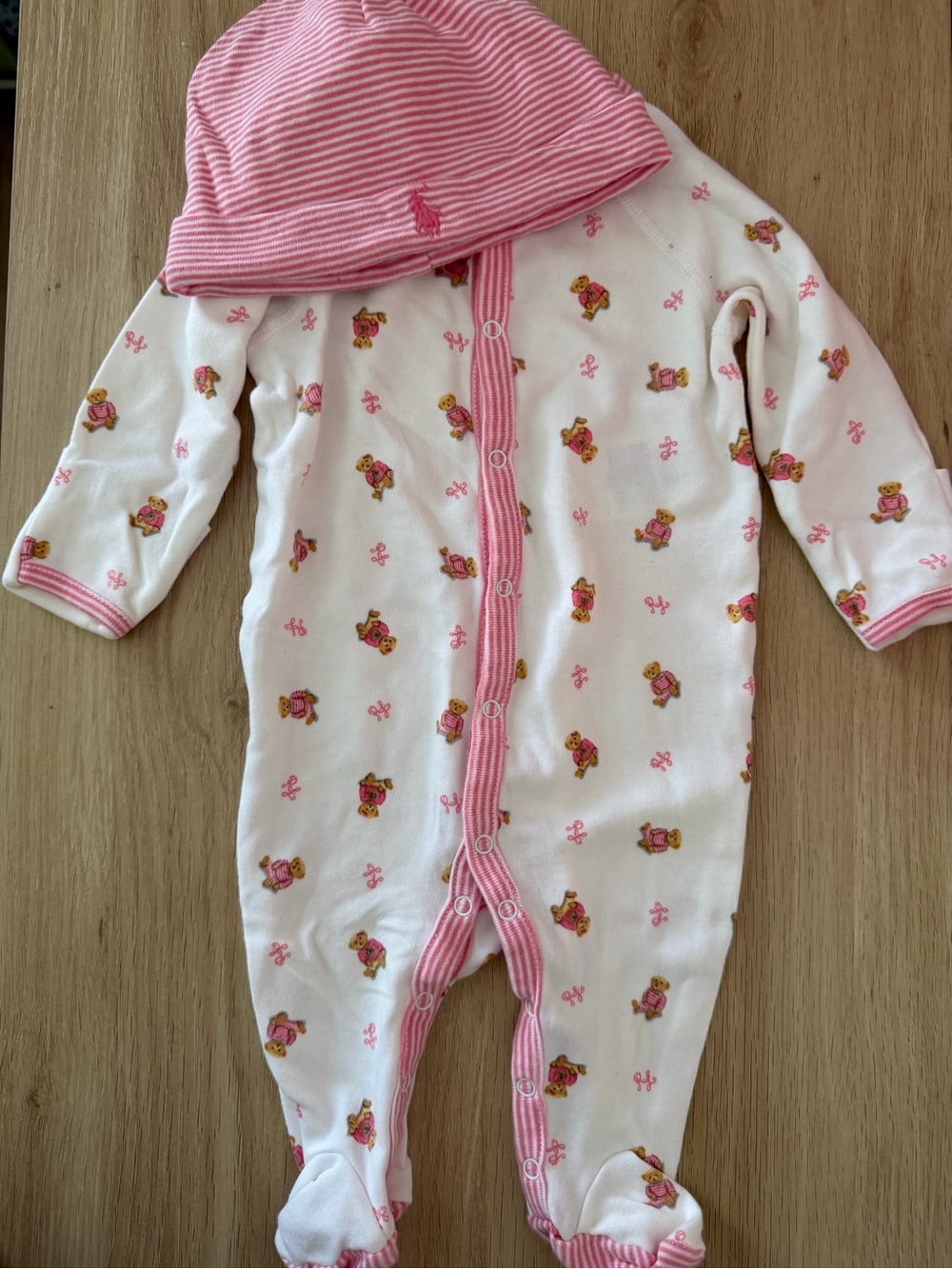 Ralph Lauren White One-Piece Footie with Pink Trim and Teddy Print and Hat